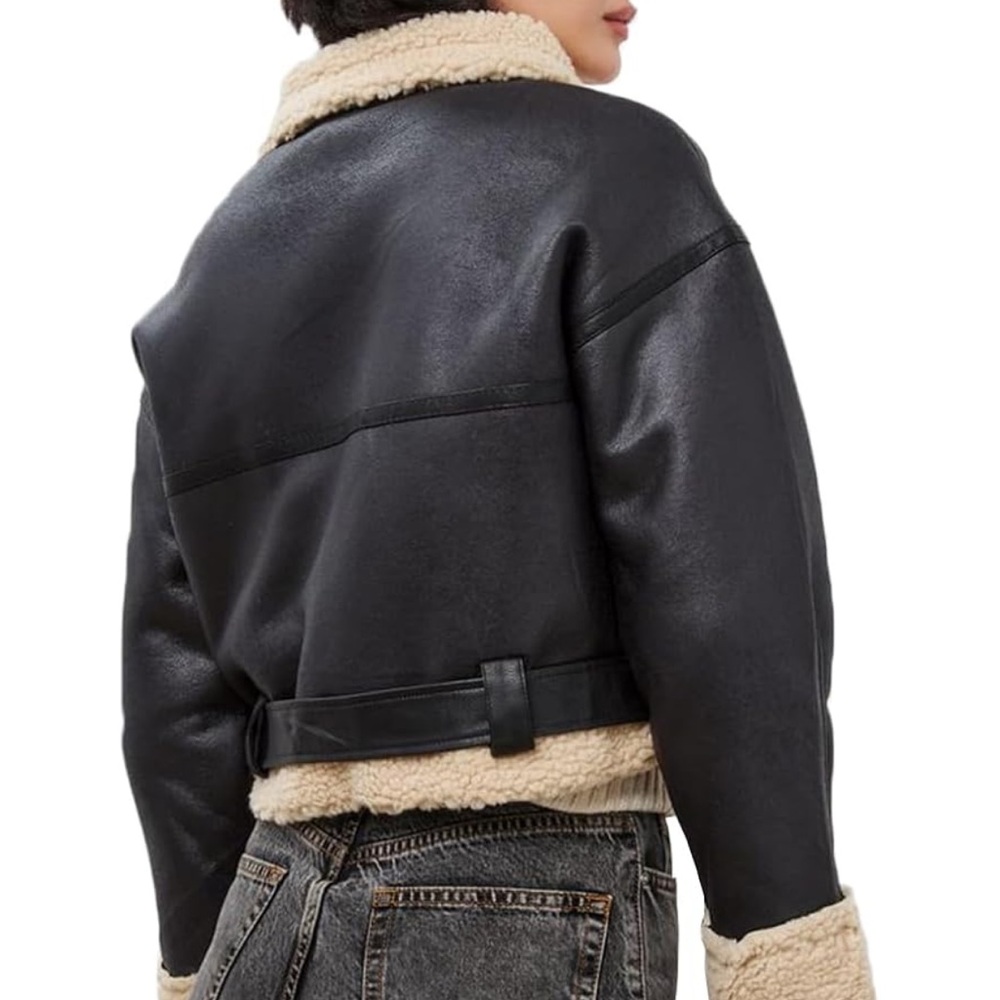 NWOT Black/Tan Faux Leather Faux Fur Crop Jacket, Size XL (Fits like a M/L) - Picture 3 of 6
